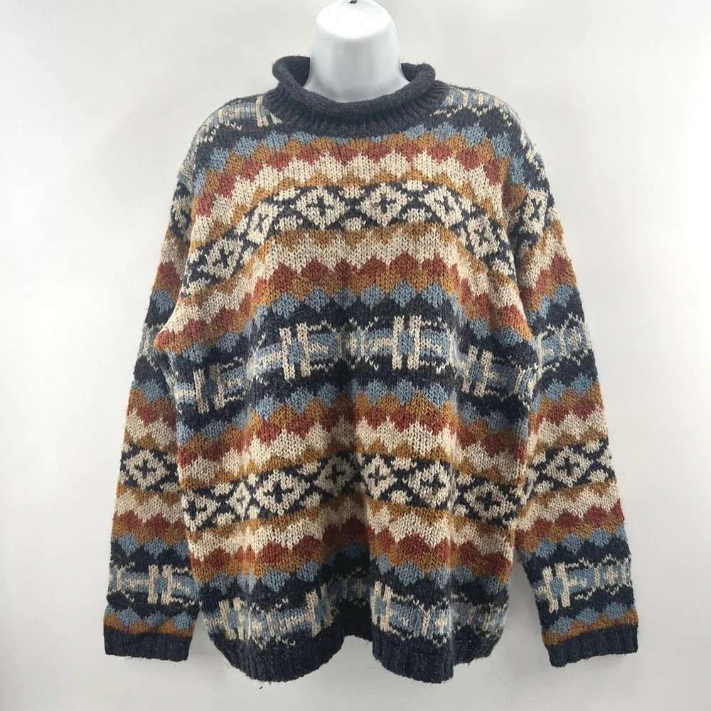 Vintage Claudia D Sweater Women L Fair Isle Knit Roll Neck Cabincore Ski Aztec